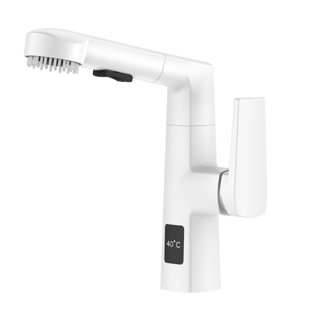 Square Shape Matte White Pull Out Bathroom Faucet with Hair Brush