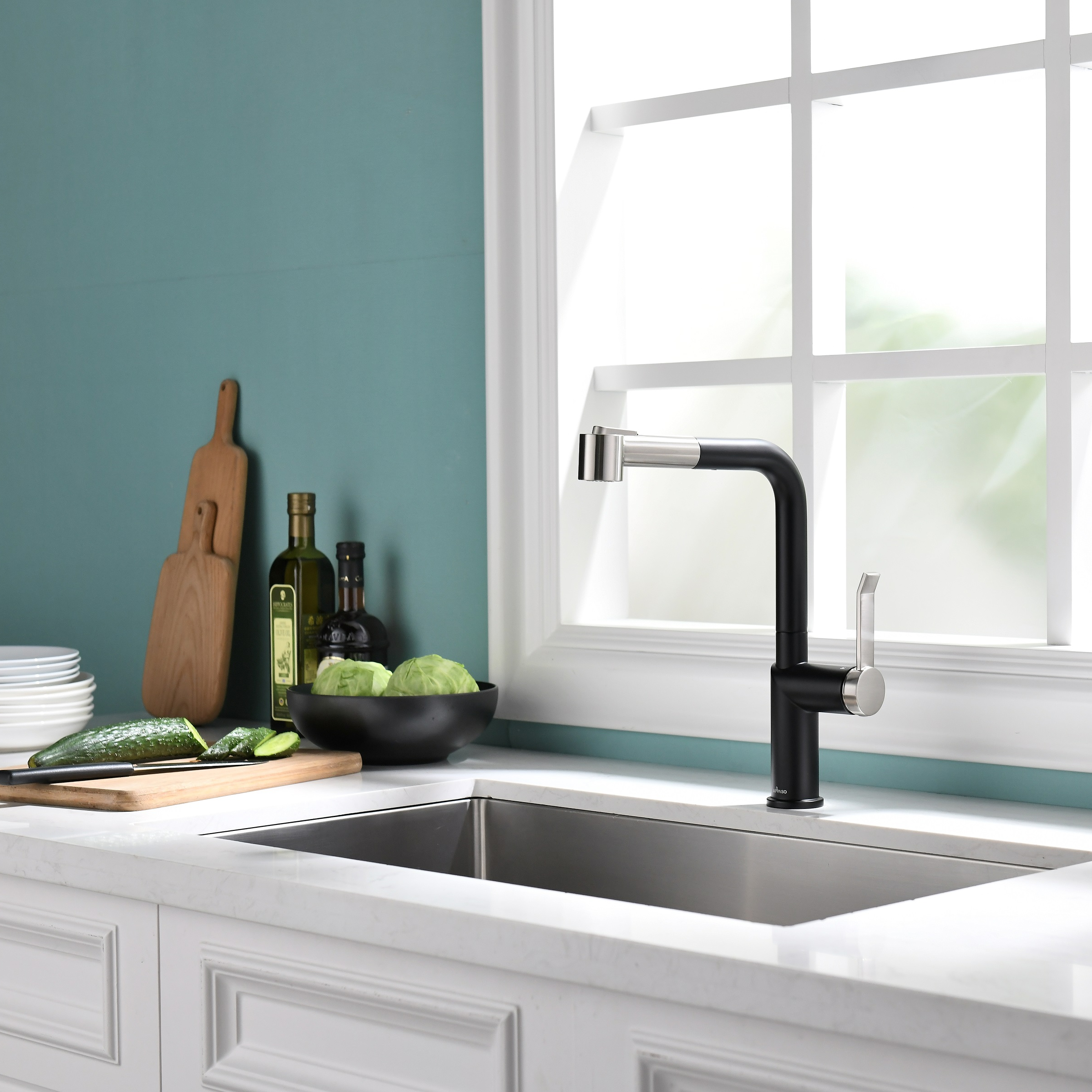 Modern Style Brushed Nickle+Black Pull-Out Kitchen Faucet