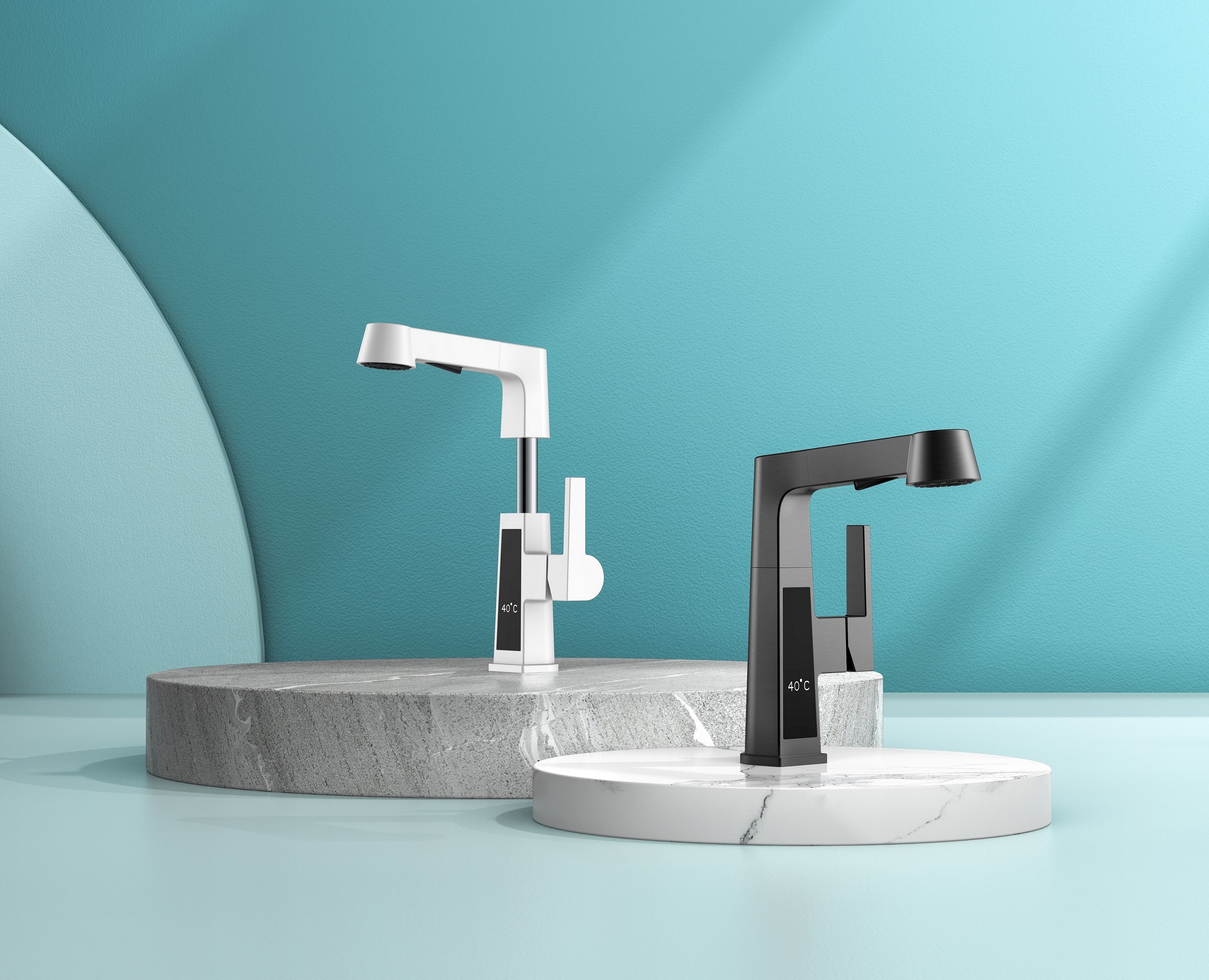 Square White Basin Faucet Temperature Display Pull Out Bathroom Faucet