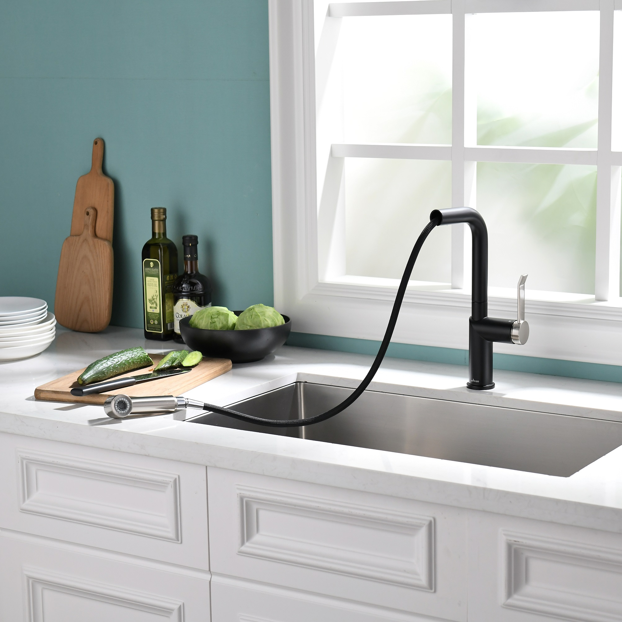 Modern Style Brushed Nickle+Black Pull-Out Kitchen Faucet