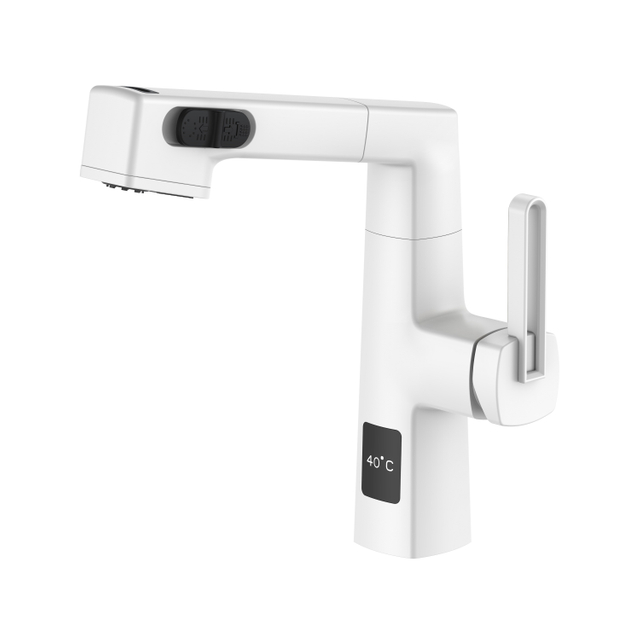  Temperature Display Unique Design Matte White Pull Out Bathroom Faucet Adjustable Height
