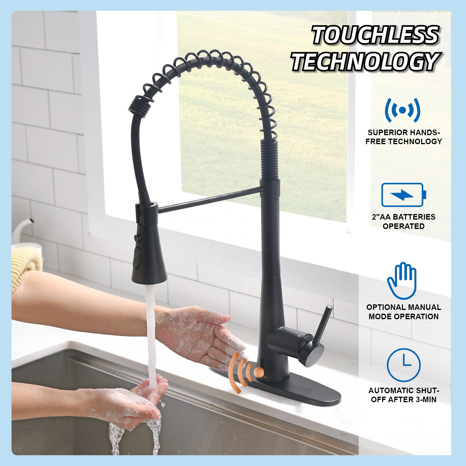 Stainless Steel Pull Out Touchless Faucet Sensor Kitchen Waterfall Taps Faucet Black Automatic Faucet