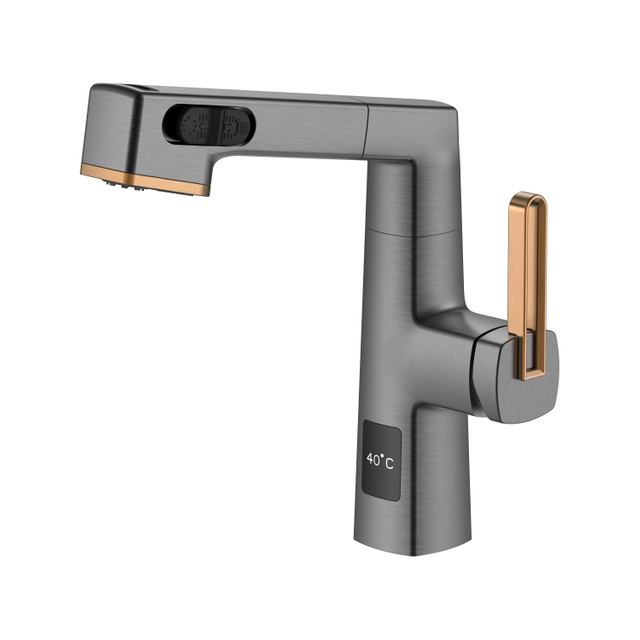  Temperature Display Unique Design Black Stainless And Rose Gold Pull Out Bathroom Faucet Adjustable Height